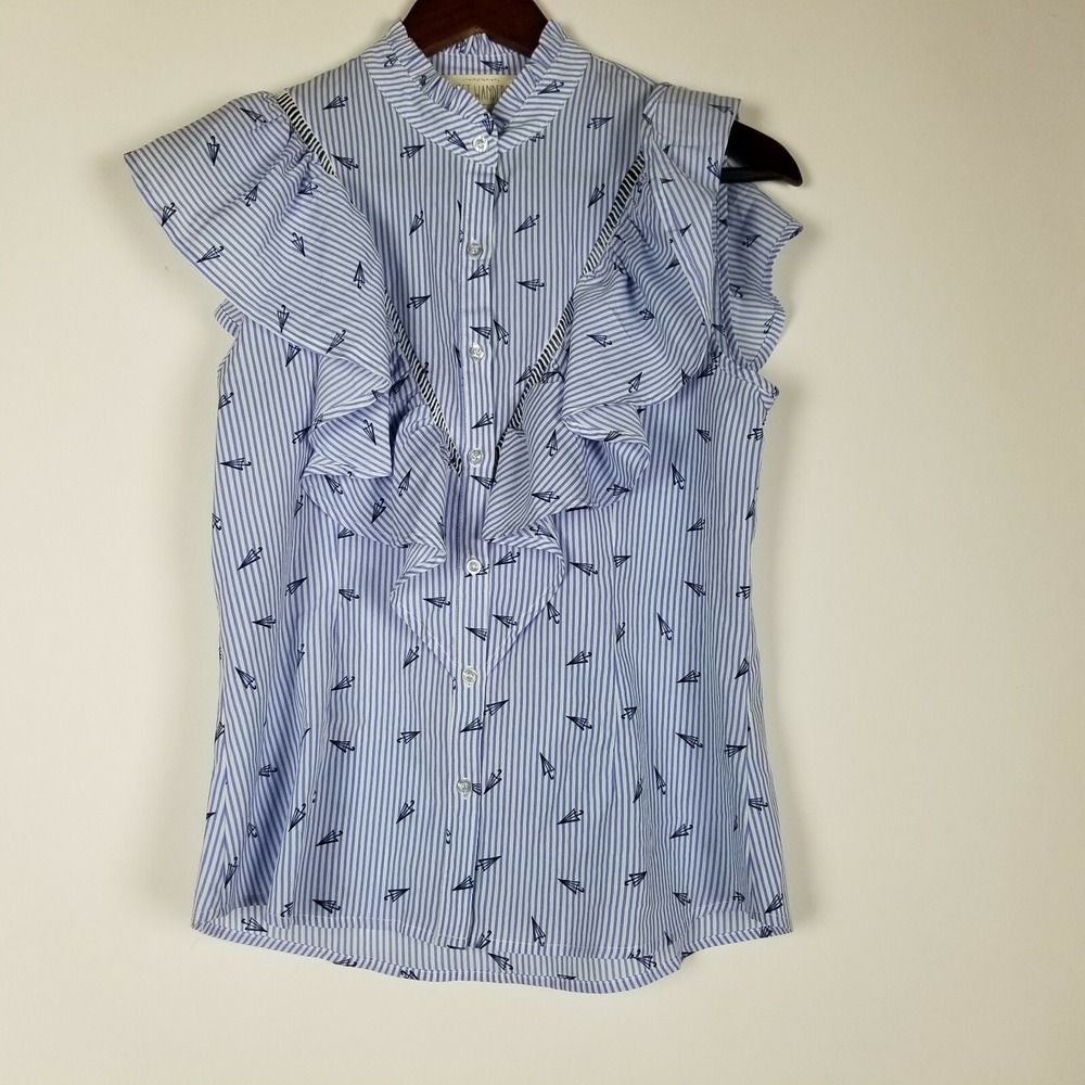 Sweet Wanderer Women's Top Size S Blue White‎ Striped Button Up Ruffle Umbrella